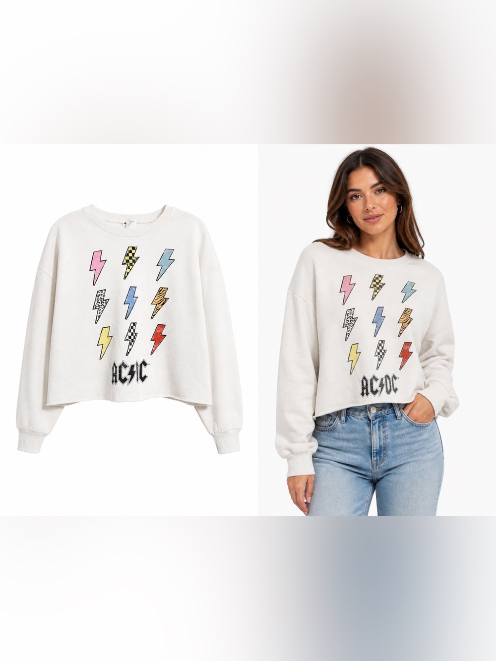 AC/DC Cream Cropped Sweatshirt with Multicolor Lightning Bolts